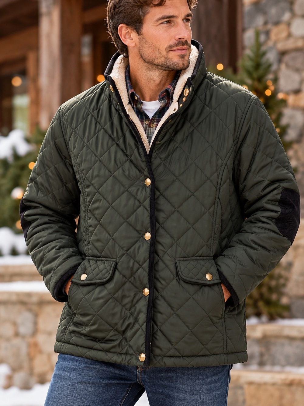 Nautica Men’s 1X Quilted Sherpa Lined Jacket Green Corduroy Elbow Patches